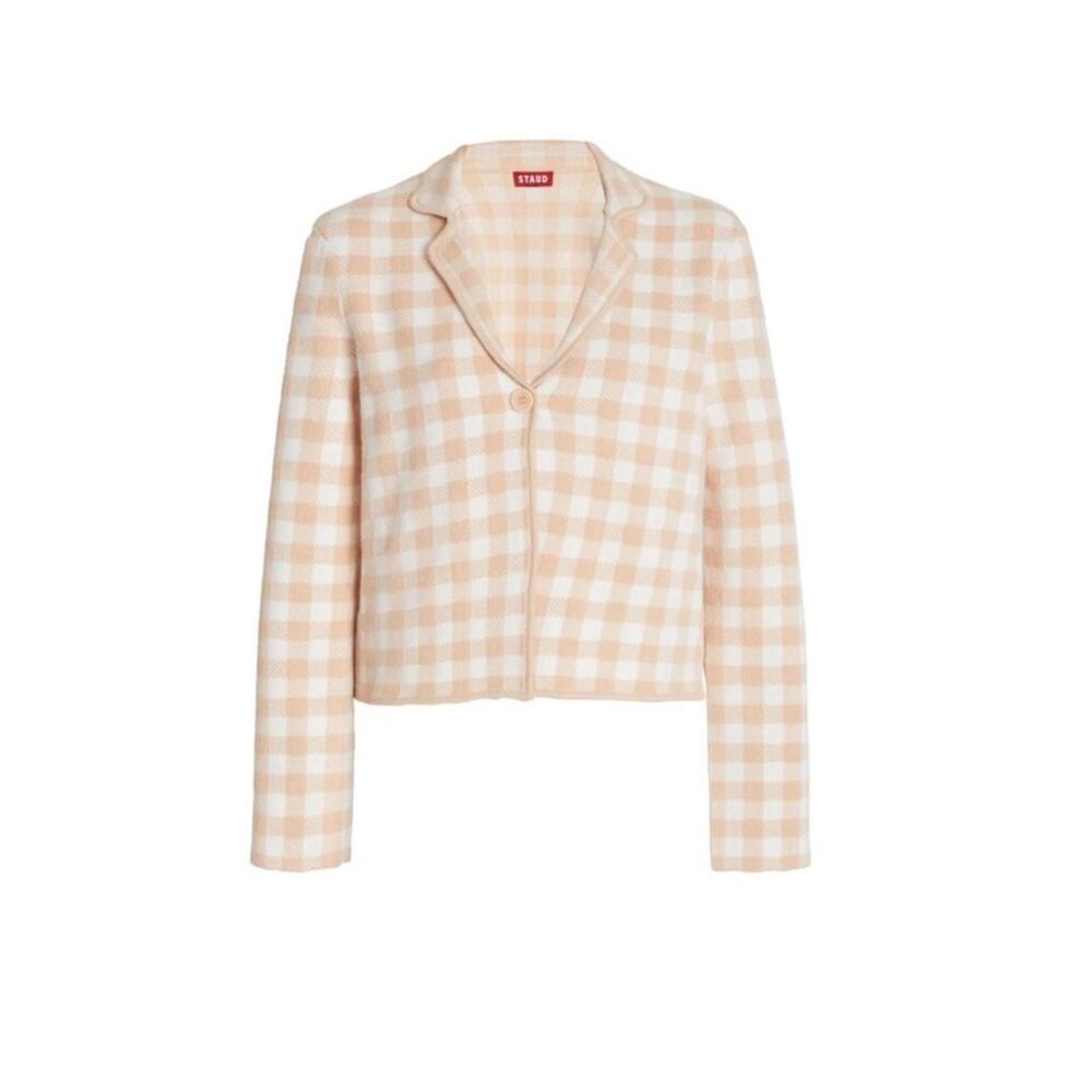 STAUD Juliette Gingham Jacquard Knit Top cardigan Jacket Neutral Size Medium